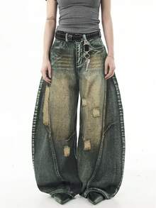 Hearty Haven 1pc American Vintage Distressed Loose Drape Ripped Denim Wide Leg Jeans Men's Curved Leg Pants Personalized Street Casual Loose Long Pants - No Belt And Accessories - Blue - View 1