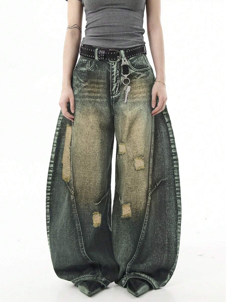 Hearty Haven 1pc American Vintage Distressed Loose Drape Ripped Denim Wide Leg Jeans Men's Curved Leg Pants Personalized Street Casual Loose Long Pants - No Belt And Accessories - Blue - View 1