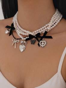 5pcs/Set Colorful Geometric Bowknot & Beaded Necklace Set - Pink - View 5