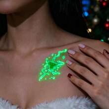 6 Sheets Luminous Christmas Temporary Tattoos, Glow In The Dark Xmas Tattoo Stickers With Christmas Tree, Bell, Candy Cane, Snowflake, Firework Patterns, Holiday Party Body Decorations - Multicolor - View 5