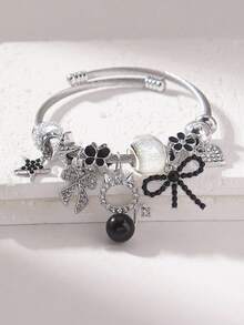 1pc Silver Adjustable Pendant Bracelet With Pink Crystal, Rabbit, Bow And Star Charms, Cute Daily Jewelry Gift For Women - Silver - View 9