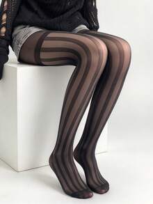 1雙女款黑色透視寬條紋假過膝高彈力緊身褲 - 黑色 - 查看 3