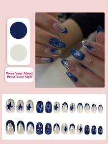 24pcs Short Oval Adhesive Fake Nails, Blue & Silver French Pointed Tip Design With Silver Polka Dots & Rhinestones, Glossy Full Coverage Artificial Nails, Suitable For Women & Girls For Daily, Date, Party Nail Supplies - Multicolor - View 2