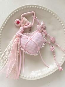 1pc Ins Style Heart Pendant Lace Trim Bow Beaded Keychain Bag Charm - Multicolor - View 7