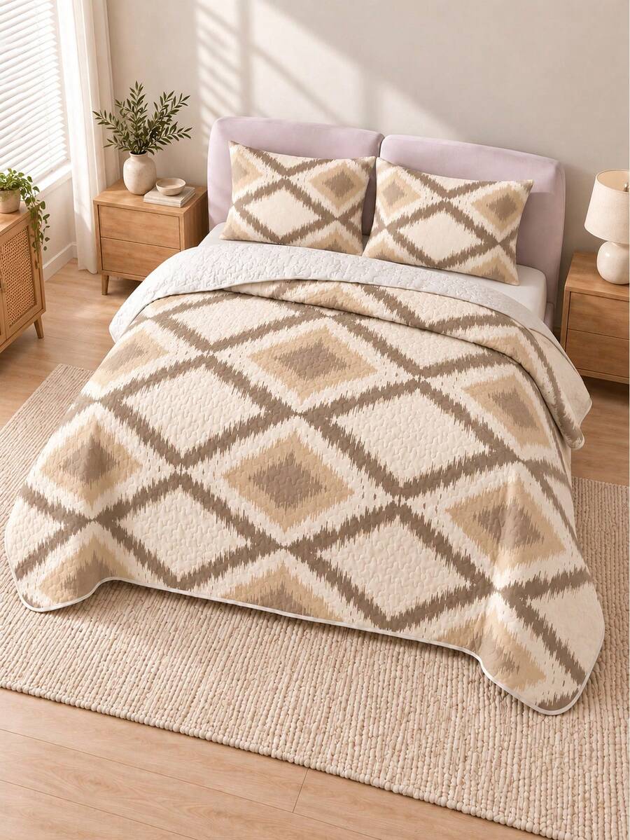 3pcs Milk Coffee Ivory Pattern Quilted Bedding Set (1 Bedspread, 2 Pillowcases, Pillow Inserts Not Included) Breathable Comfortable All Season Holiday Gift Suitable For Hotel, Guest House, Bedroom, Ultra Soft Breathable Absorbent Bedding - Multicolor - View 1