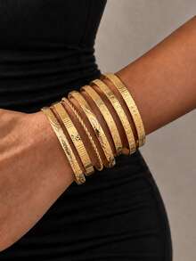 7pcs Vintage Fashion Old Money Style Golden Heart Ribbed Open Cuff Bracelet Set, Suitable For Women's Daily, Vacation, Holiday Wear - Yellow Gold - View 5