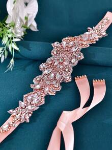 1pc Handmade Bridal Belt, French Wedding Dress Waistband, Women's Sparkling Rhinestone Belt, Evening Gown Accessory - Retro Pink - View 5