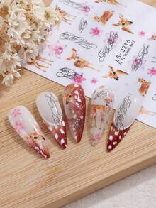 Deer & Floral Nail Stickers, Cute Deer & Flower English Handwritten Letter Nail Decals, DIY Nail Art For Nail Enthusiasts, Create Romantic & Sweet Nail Designs, Rich Deer, Pink Flower & Handwritten Text Patterns, Suitable For Daily & Date Nail Art - Multicolor - View 8