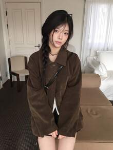 Vintage Suede Lapel Retro Workwear Long Sleeve Casual Jacket - Brown - View 8