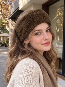 1pc Faux Fur Headband For Women Soft Fuzzy Plush Winter Ear Warmer Wide Elastic Hairband Fluffy Cold Weather Hair Accessories Fall Winter - Brown - View 3