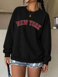 女款「NEW YORK」圖案寬鬆運動衫，秋冬長袖圓領套頭衫，適合休閒與運動穿著 - 黑色 - 查看 1