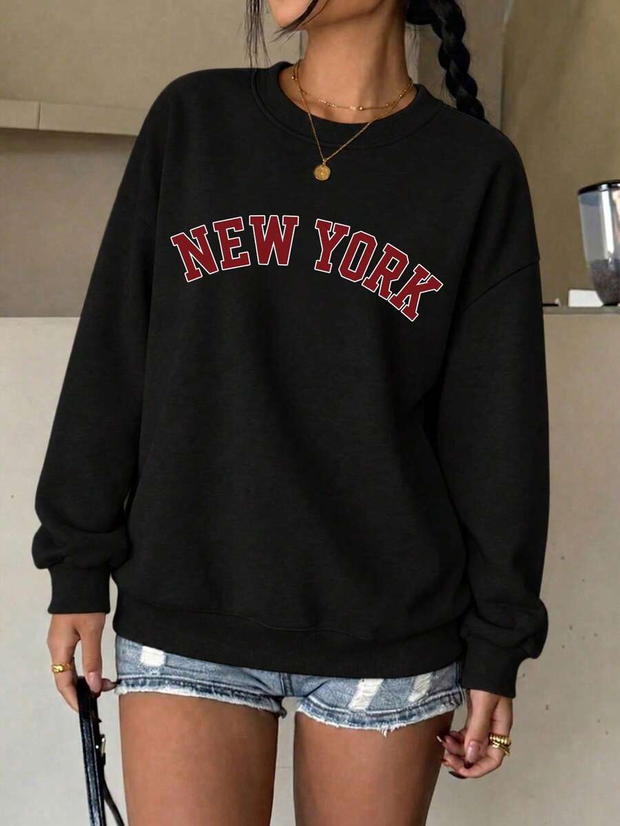 女款「NEW YORK」圖案寬鬆運動衫,秋冬長袖圓領套頭衫,適合休閒與運動穿著 - 黑色 - 查看 1