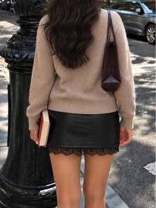 Women's Fashionable And Elegant Commuting Lightweight PU Faux Leather Lace Patchwork Design Mini Skirt - Black - View 2