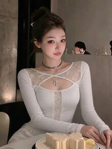 Women's Minimalist Sexy Style Autumn Solid Color Top, Cross Hollow Lace Long Sleeve Slim Fit Base Layer, Suitable For Outings, Vacations, Cafes, Parties - White - View 3