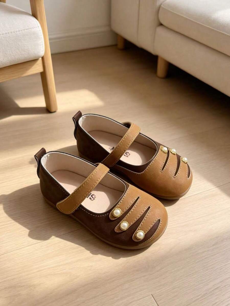 Vintage Cute New Girls' Pearl Embellished Soft Sole Shoes - Camel - View 1
