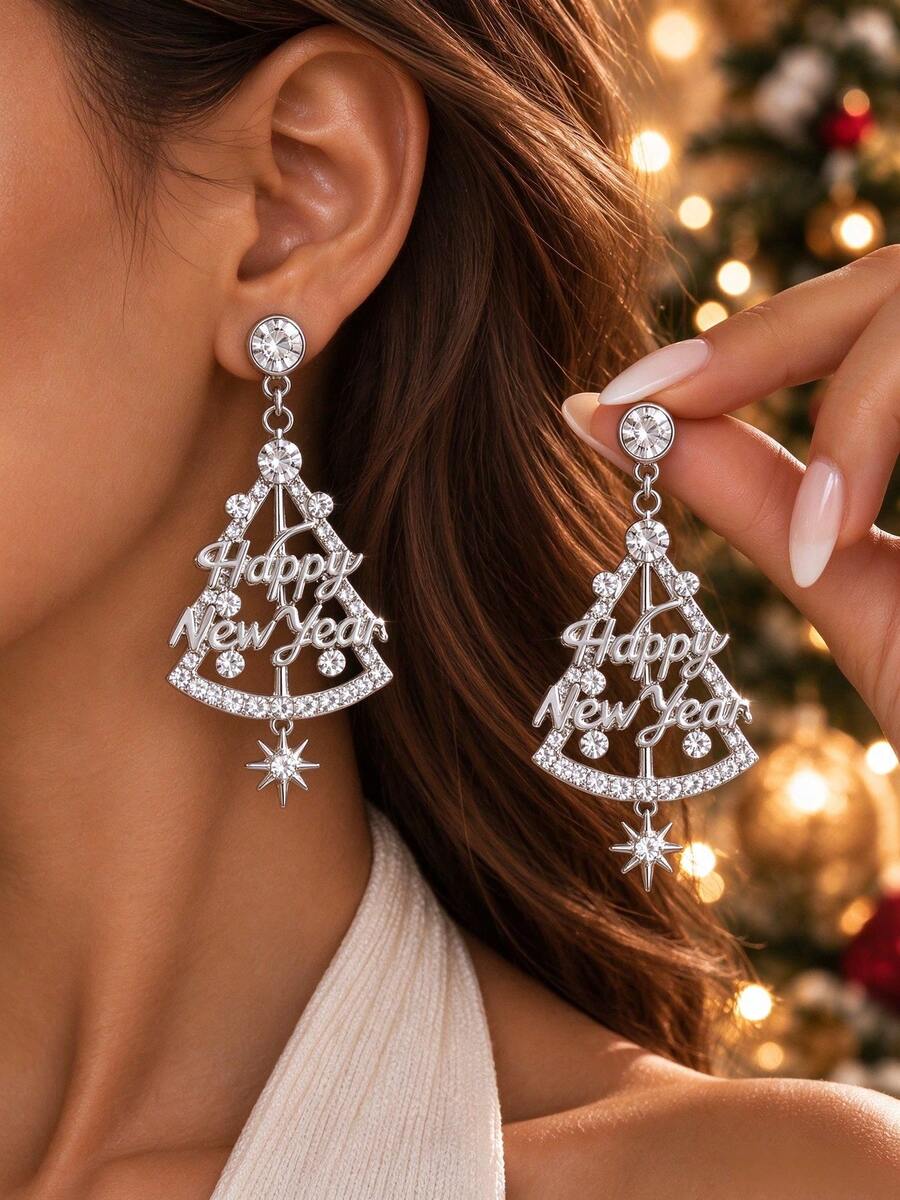 Silver Rhinestone Christmas Tree Dangle Earrings, Happy New Year Letter Charm, Crystal Drop Statement Jewelry For Women, Holiday Party Gift - Silver - View 1