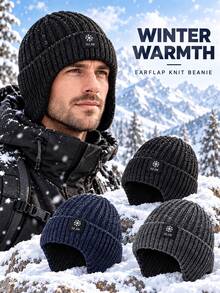 Unisex Fleece Lined Earflap Knit Beanie, Thick Ribbed Winter Windproof Warm Folded Skull Cap, Suitable For Outdoor Sports - Multicolor - View 1