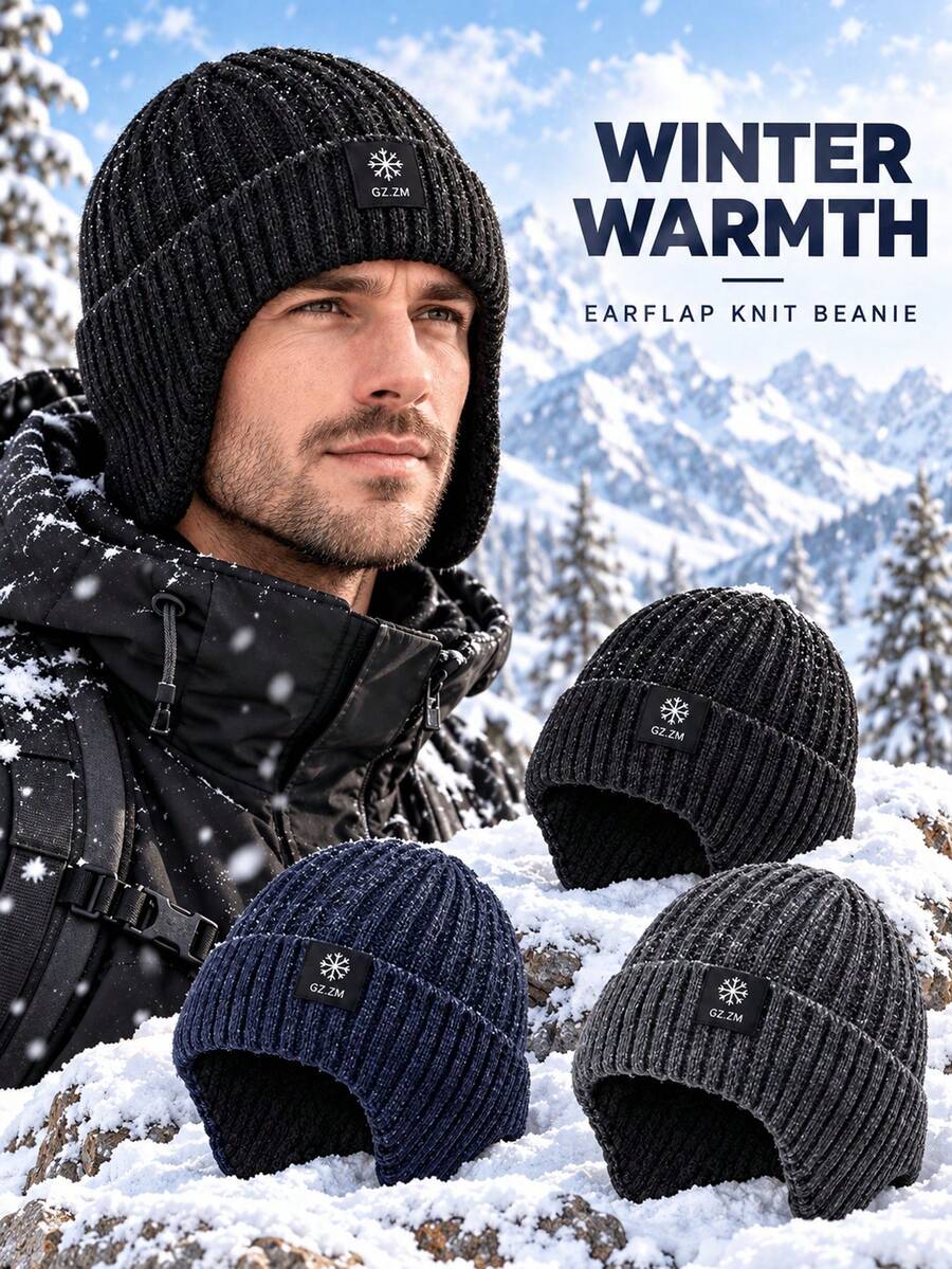 Unisex Fleece Lined Earflap Knit Beanie, Thick Ribbed Winter Windproof Warm Folded Skull Cap, Suitable For Outdoor Sports - Multicolor - View 1
