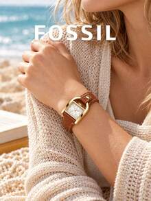 Women's Fossil ES5264 Analog Square Wrist Watch,Decorative Gold Buckle‑Shaped Case Frame,Brown Textured Band,Vintage Retro Daily Dress Wristwatch - one-size - View 5