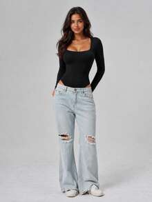 Square Neck Long Sleeve Slim Fit Jumpsuit For Women, Tummy Control Slimming Solid Color Basic Style, Halloween Base Layer, Autumn/Winter Party, Travel, Daily Wear - Black - View 1