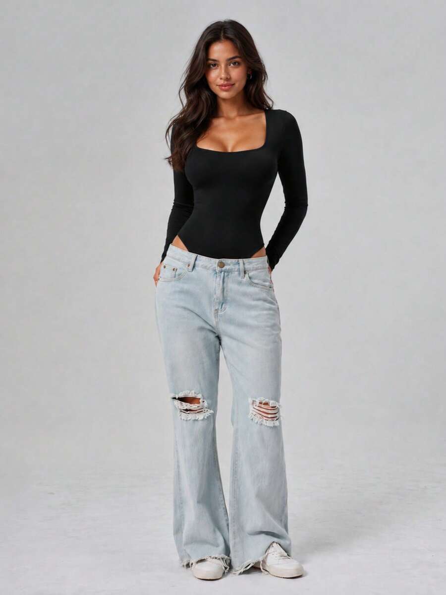 Square Neck Long Sleeve Slim Fit Jumpsuit For Women, Tummy Control Slimming Solid Color Basic Style, Halloween Base Layer, Autumn/Winter Party, Travel, Daily Wear - Black - View 1