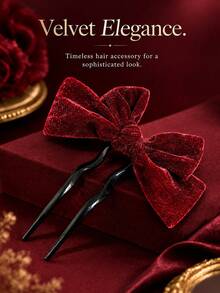 1pc Shiny Velvet Hair Stick, Elegant Minimalist Versatile Velvet Bow Hair Stick, Suitable For Parties, Gatherings, Daily Hairstyle Design - Burgundy - View 3