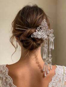 1pc Vintage Hollow Butterfly Long Tassel Hair Stick, Women's Back Head Bun Hair Accessory For Banquet And Performance - Multicolor - View 1