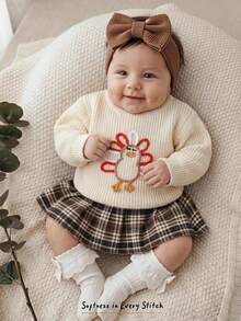 Girls Loose Apricot Embroidered Pullover Sweater, Autumn Warm Fashion Oversized Fit, Suitable For School, Back To School Season, Christmas Events - Apricot - View 4