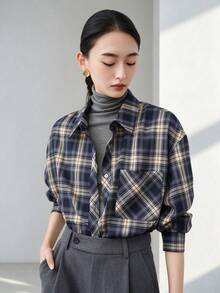 YUXIN Women's Loose Plaid Long Sleeve Shirt, Turn-Down Collar Button Front With Chest Pocket, Casual Autumn Back To School Top - Dark Blue - View 3