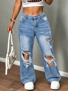 Plus Size Casual Daily Denim Jeans With Pockets And Buttons, Distressed High Waist Design, Suitable For Women's Autumn Fashion, Disco And Party Wear - Blue - View 8