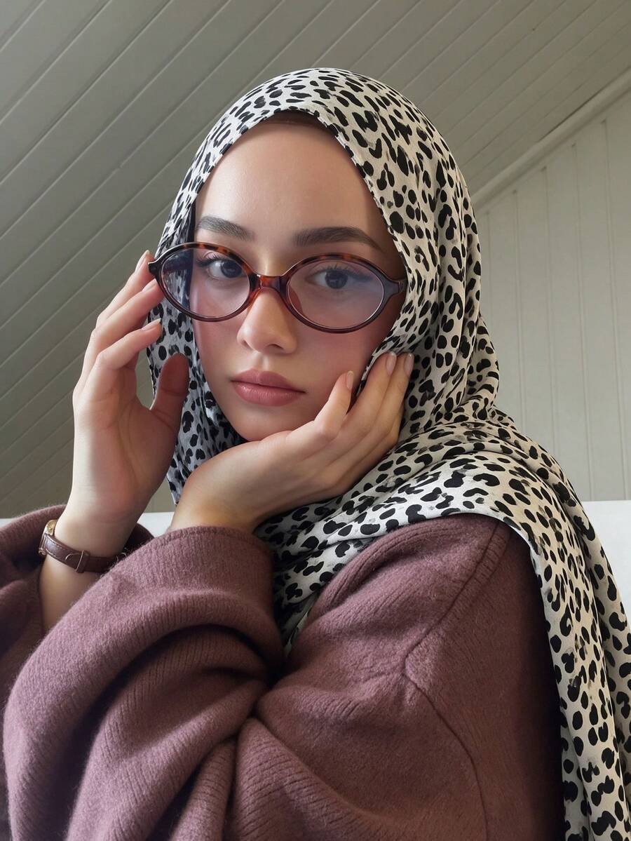 1件女款豹紋雪紡穆斯林長款頭巾，輕盈透氣披肩式頭巾 Tudung