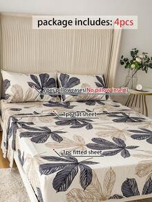 4pcs Set, 100% Polyester, Pastoral Leaf Print, 35cm Deep Pocket Fitted Sheet, Printed Bedding Set (2 Pillowcases + 1 Bed Sheet + 1 Fitted Sheet), All-Season Modern Bedding Set, Minimalist Style, Soft & Comfortable, Breathable - Multicolor - View 2