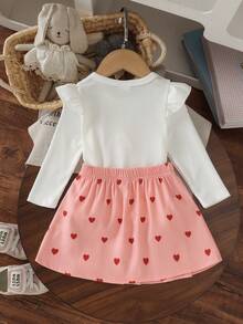 2pcs Baby Girl Cute Preppy Style Ribbed Long Sleeve Top + Heart Print Corduroy Skirt Set, Thin For Spring/Autumn - Coral Pink - View 2