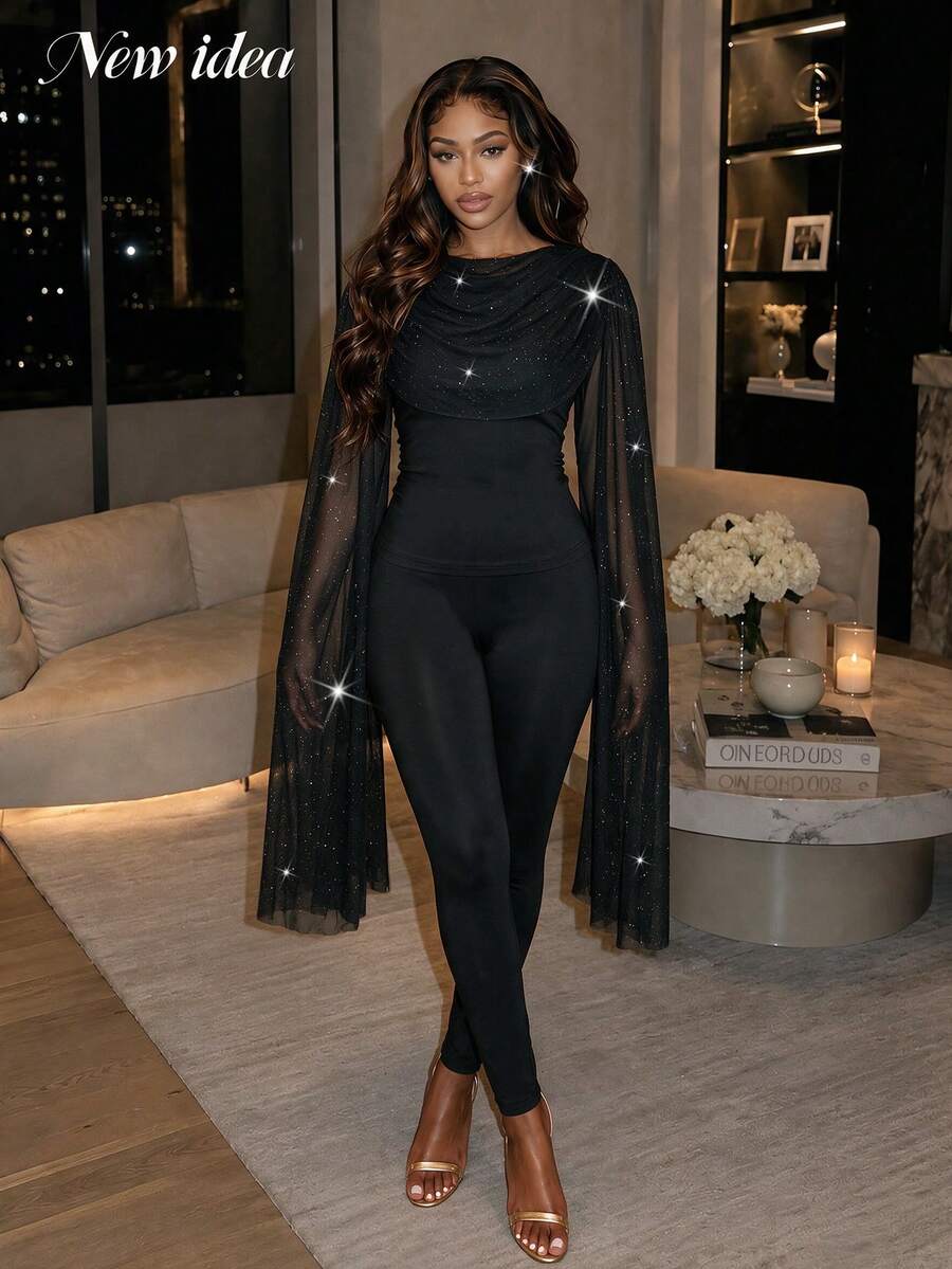 NEW IDEA Women Elegant Sexy Black Fall Winter Two Pieces Set, Glitter Mesh Long Sleeve Top & Skinny Pants Set For Night Out, Dinner Quiet Luxury Party. - Black - View 1