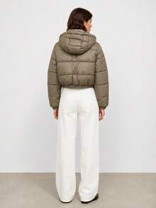 Women's Cropped Puffer Jacket With Detachable Hood, Ribbed Cuffs, Drawstring Hem, Zip And Snap Closure, 2 Pockets - Beige - View 3