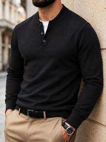 Vintage Henley Collar Knitted Sweater Men's Autumn/Winter Black 3-Button Half-Placket Simple Long Sleeve Inner Layer Knit Top - Black - View 4