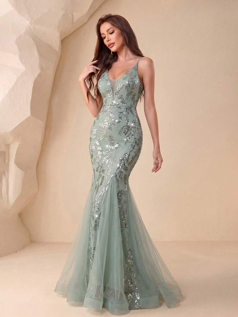 XUCTHHC V-Neck Spaghetti Strap Sequin Contrast Mesh Mermaid Tail Party Dress, Elegant Evening Gown, Suitable For Wedding Guests, Formal Occasions, Autumn/Winter - Mint Green - View 1