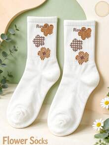 1/3/5 Pairs Retro Geometric Floral Women Crew Socks, White Ribbed Mid Calf Cotton Socks, Cute Aesthetic Daily Ladies Socks - Multicolor - View 8