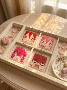 1pc/4pcs Cute Aesthetic Acrylic Keychains, Minimalist Face Close-Up Series Including Classic Red Hair Pink Blush Surprised Face, Pink Hair With Microphone Dazed Cute Face, Double Drill Curly Hair Blank Expression And Red Hair Shadow Face Awkward/Sweating Expression Square Pattern Pendant, Backpack And Car Key Accessories, Exquisite Collection, Suitable For All Seasons - Multicolor - View 4