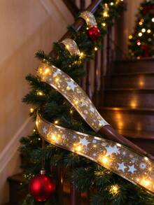 Christmas Gold Foil Star Organza LED Fairy Light String, Battery Powered, Flexible Translucent Mesh Fabric For Christmas Tree And Bow Decoration - Gold Ribbon - View 2