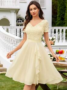 MIUSOL V-Neck Sequin Floral Lace Ruffle Chiffon Ball Gown, Women's Elegant Party Dress, Suitable For Formal Parties, Proms, Graduation Ceremonies - Light Yellow - View 2