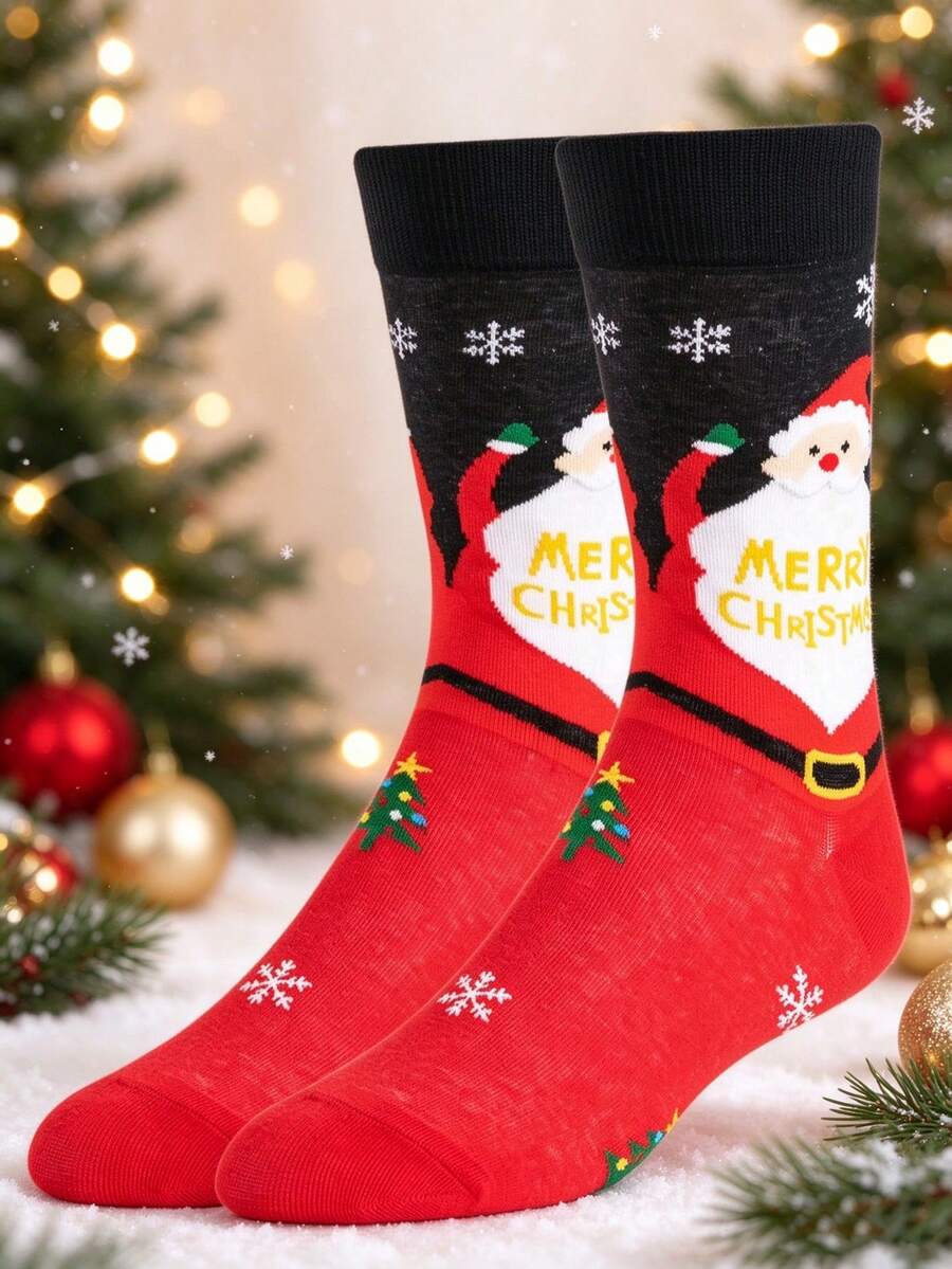 3/1 Pair Men's Creative Santa Claus Raising Hands Snowflake Print Mid-Calf Socks, Funny Christmas Gift, Autumn/Winter Socks - Multicolor - View 1