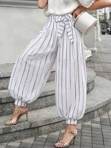 Vuslat Women's Autumn Commuting Striped Lace Up Linen Lantern Pants, Suitable For Vacation, Office Wear, Country Music Festivals, Christmas, New Year - Multicolor - View 3