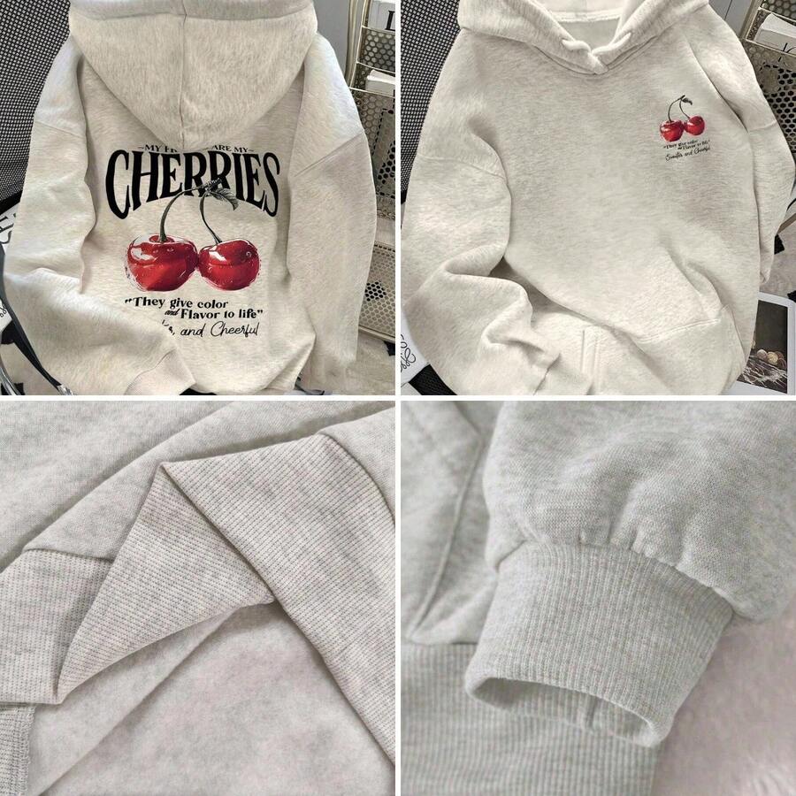 Women's Slogan & Cherry Print Long Sleeve Thermal Lined Casual ...