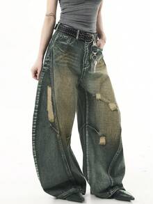 Hearty Haven 1pc American Vintage Distressed Loose Drape Ripped Denim Wide Leg Jeans Men's Curved Leg Pants Personalized Street Casual Loose Long Pants - No Belt And Accessories - Blue - View 2