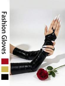 1 Pair Patent Leather Coated Fingerless Evening Gloves Arm Sleeves Shiny Long Sleeve Covers - Pink - View 5