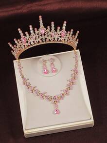 4‑Piece Kids Jewelry Set Pink Rhinestone Crown, Necklace And Earrings.Stage Performance Accessories,Children Birthday Gift & Party Hair Ornaments - Gold - View 3