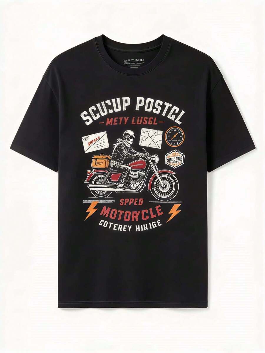 Men Vintage Gothic Biker Graphic T Shirt, Skeleton Rider Motorcycle Map Speedometer Print Loose Fit Short Sleeve Casual Daily Tee - Black - View 1