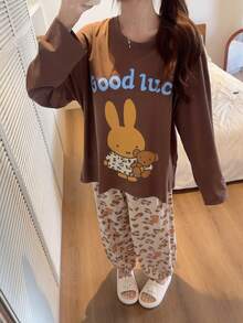 Gongdie 2 Pieces Miffy Women's Pajama Set,Fall Brown Leopard Print Soft Cotton Loungewear With Pocket - Brown - View 10