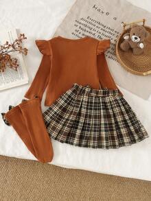 2pcs Baby Girl Cute Bear Embroidery Pattern Preppy Style Ribbed Long Sleeve Top & Plaid Brushed Skirt & Socks Set, Thin For Spring/Autumn - Khaki - View 2